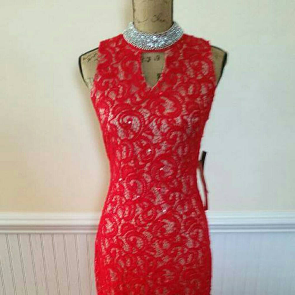 Scarlet red lace overlay formal dress